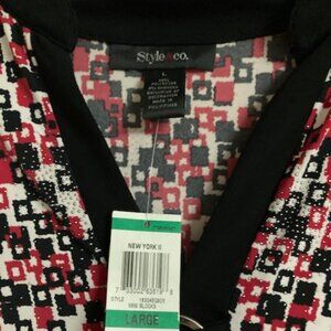 STYLE AND COMPANY NWT SS LADIES WORK CASUAL BLOUSE RED BLACK SILVER SPARKLE SZL